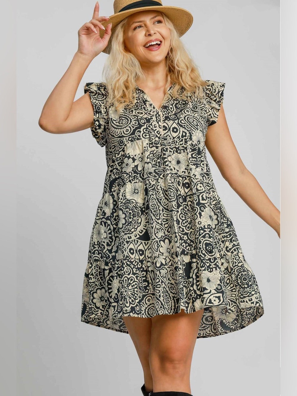 NWOT Umgee Floral Mini Dress Size L Black Cream Ruffle Shoulder Cotton Boho - Picture 3 of 8